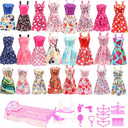 Miunana Lot 23 Pcs Doll Clothes and Accessories Set for 11.5 Inch Dolls 20 Random Party Grown Outfits + 1 Doll Bed +1Dressing Table +1 Chair for 11.5 Inch Dolls