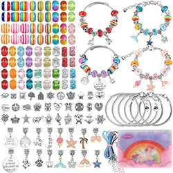 131 Pcs Charm Bracelet Making Kit, Funtopia Jewelry Making Kit, Bracelet Making Set with Mermaid & Bow Knot & Crown & Star & Rainbow & Flowers & Four-Leaf Clover & Bling Beads, DIY Art Gifts Crafts for Girls Ages 5-12