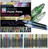 35 Metallic Acrylic Paint Pens, Double Pack of Both Extra Fine and Medium Tip, for Rock Painting, Mug, Ceramic, Glass, and Fabric Painting, Water Based Non-Toxic and No Odor