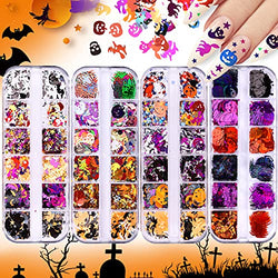EBANKU 4 Boxes Halloween Nail Art Glitter Sequins, Holographic Skull Spider Pumpkin Bat Ghost Witch Glitter Flakes, 3D Halloween Confetti Glitter for Nails Design Halloween Party