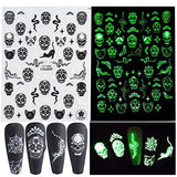 Halloween Nail Art Stickers Decals 3D Self-Adhesive Luminous Nail Decals for Halloween Nail Designs Nail Art Supplies 6Pcs Ghost Spider Web Witch Skull Pumpkin Glow in The Dark Nail Stickers for Kids