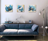 Paimuni Blue Tea Flower and Butterfly Prints 3 Panel with Embellishment Oil Painting Textured Gold Blue Floral Canvas Wall Art Ready to Hang 12x12 Inches