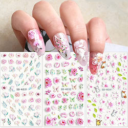 Flower Nail Art Stickers, 5D Embossed Spring Summer Pink Cherry Blossom Nail Exquisite Design Flower Nail Decals Nail Decorations Pink Flower Self-Adhesive Nail Stickers for Women Girls 4 Sheet