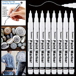 White Paint Pen, 8 Pack 0.7mm White Acrylic Paint Pens Quick-drying Permanent Marker for Rock Plastic Leather Fabric Wood Glass Metal Stone Ceramic Canvas Marker Extra Fine Point Opaque Ink