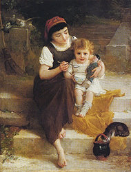 Emile Munier Lunch on The Steps ~ 30" x 23" Fine Art Giclee Canvas Print (Unframed) Reproduction