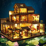 WYD Three-Story Japanese-Style Villa Model 3D Wooden Assembled Dollhouse Kit Puzzle Craft Toy Mini Furniture Kit LED Light House Gift for Friends Parents Children(with dust Cover and Music)