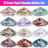 Opal Chunky Glitter, LEOBRO Craft Glitter Set , 12 Color Holographic Glitter for Resin, Iridescent Glitter Flakes for Slime Tumblers, Cosmetic Sequin Glitter for Body, Face, Nail Art Glitter, Each 10G