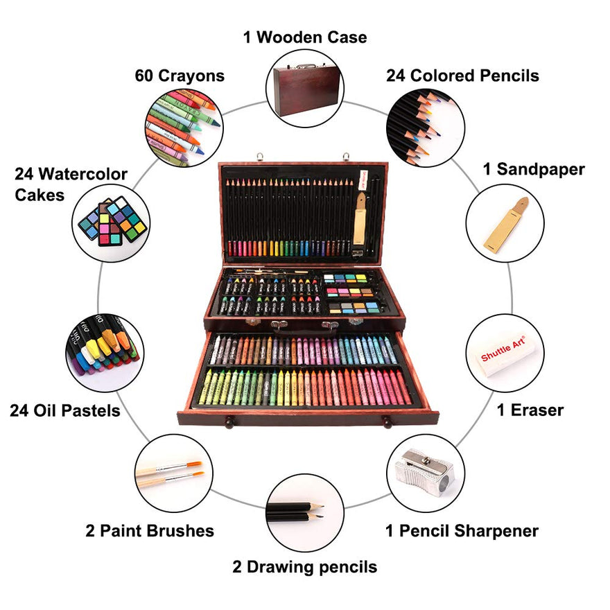 Shuttle Art 186 Piece Deluxe Art Set, Art Supplies in Wooden Case, Painting  Drawing Art Kit with Acrylic Paint Pencils Oil Pastels Watercolor Cakes