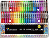 Glitter Gel Pens by Color Technik, Set of 50 Individual Colors, 40% More Ink. Largest Non-Toxic Artist Quality Glitter Set By Color Technik, Perfect For Adult Coloring Books Etc. Great Gift Idea!