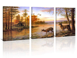 Dusk Rustic Deer Cabin Wall Art Decor Wildlife Landscape Canvas Print Picture 3 Panels Framed Country Family Living Room Bedroom Home Wall Decoration