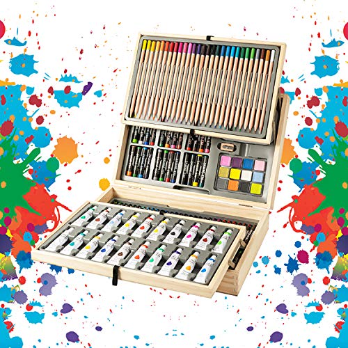 ART QIDOO 143 Piece Deluxe Art Set, Wooden Art Box & Drawing Kit with  Crayons, Oil Pastels, Colored Pencils, Watercolor Cakes, Sketch Pencils,  Paint Brush, Sharpener, Eraser, Color Chart