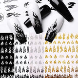 Flame Nail Stickers, 4 Sheets Flame Nail Decals 3D Holographic Fire Nail Art Stickers White Black Silver Gold Flame Reflections Nail Stickers Nail Vinyls Stencils for Nail Decoration