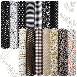 14 Pieces Black Series Floral and Coffee Series Floral Fabric Flower Fat Quarters Sewing Fabric Bundle 10 x 10 Inches Plaid Spot Plant Assorted Summer Theme Fabric for DIY Sewing Patchwork Craft