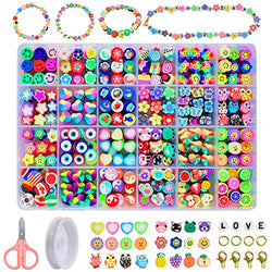 vrbabies 590pcs Rainbow Smiley Face Fruit Handmade Beads Jewelry Making Kit Polymer Clay Beads for Bracelets Making, Letter Flower Animal Heart Flat Beads DIY Craft Kit Gifts for Her Woman Wife Girl