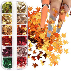 12 Grids 3D Maple Leaf Nail Glitter Sequins Fall Nail Art Stickers Decals Holographic Laser Leaves Designs Gold Yellow Red Orange Fall Glitter Nail Charms for Acrylic Nail Thanksgiving Decorations