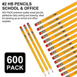 Shuttle Art Pencils and Erasers Bundle, Set of 600 Pack Sharpened Yellow Pencils + 72 Pack Premium White Erasers Bulk
