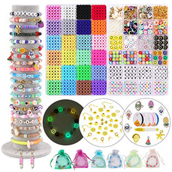 Clay Beads 2 Boxes Bracelet Making Kit 6000 Pc Flat Heishi Preppy Beads for Jewelry Making Kit Lnclude UV Smiley Face Beads Flower Pearl Letter Beads & Evil Eye Beads for DIY Necklace Anklets Making