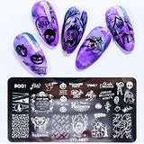 Halloween Nail Art Stamping Plates - 5PCS Halloween Nail Stamp Plate Templates Pumpkin Grimace Skull Eye Nail Stamper Kit Halloween Holiday Party Manicure Stencils Design Tool