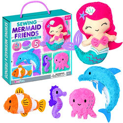 KRAFUN Mermaid Sewing Kit for Kids Art & Craft Age 7 8 9 10 11 12, Includes 5 Stuffed Animal Dolls, Instructions & Plush Felt Materials for Learn to Sew, Embroidery Skills - Mermaid Friends