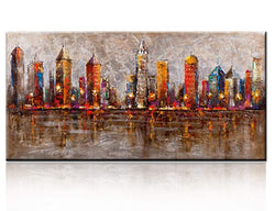 TUMOVO 100% Hand Painted 3D Canvas Wall Art City Skyline New York Painting Prints Modern Manhattan Brooklyn Colorful Abstract Cityscape Picture Stretched and Framed for Bedroom Home Decor(20x40inch)