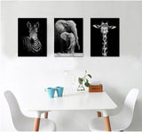 Visual Art Decor Modern Black and White Canvas Wall Art,Animals Picture Prints,Elephant,Zebra,Giraffe Painting Printed on Canvas,Framed and Stretched,Wall Decoration (12"x16"x3 Panels, Framed)