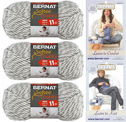 Bernat Softee Chunky Yarn Bundle Super Bulky #6, 3 Skeins Grey Ragg Twist 28047 with Knitting and Crochet Instructions