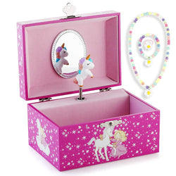 RR ROUND RICH DESIGN Kids Musical Jewelry Box for Girls and Jewelry Set with Lovely Unicorn Theme - Swan Lake Tune Rose Red