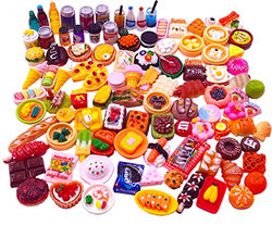 100pcs Miniature Food Drinks Bottle Toys Dollhouse Kitchen Play Mixed Resin Dollhouse Accessories for Adults Kids Kitchen Accessories for Pretend Play (Hamburger, Pizza,Cake,Ice Cream,Bread)
