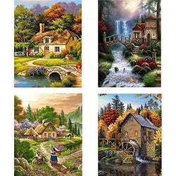 4 Pack 5D Full Drill Diamond Painting Kit, Landscape Rhinestone Embroidery Paintings Pictures Arts Craft for Home Wall Decor, 12 X 16 Inch