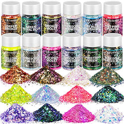 Chameleon Chunky Glitter, LEOBRO 12 Color Holographic Craft Glitter for Resin Art Crafts, Cosmetic Glitter for Nail Body Face Eye, Resin Glitter Flakes Sequin Sparkle for Slime Keychain Jewelry Making