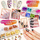 JOYJULY Nail Art Brushes Kit, 3D Nail Art Decorations Kit with Nail Dotting Tools Butterfly Nail Art Glitters Stickers Nail Art Rhinestones, Nail Foil, Nail Art Striping Tapes Nails Design Kit