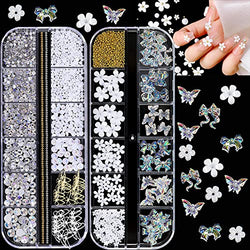 3D Mix-sized Acrylic White Flowers Nail Charms Polar Butterfly Bear Spring Blossom Flower Nail Charms with Starry AB Crystals Rhinestones Pearls Mix Gold Butterfly for Nail Art DIY Crafting Designs
