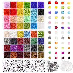 UOONY 35000 pcs Bracelet Beads for Jewelry Making Kit, Bead Craft Kit Set, 2mmGlass Seed Letter Alphabet Beads DIY Art and Craft with 2 Rolls of Cord Elastic String and 10 Charms and Rings