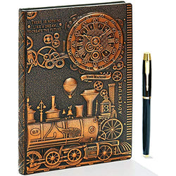 Vintage Train Embossed Leather Writing Journal Notebook with Pen Set,Antique Handmade Daily Notepad Sketchbook,Travel Diary Notebooks to Write in,Gift for Men Women (A5(8.4"*5.7"), RedBronze)