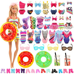 BARWA 18 Pcs Summer Doll Clothes and Accessories Including 5 Sets Swimsuits Beach Bathing Bikini with 2 Swimming Rings 2 Drinks 4 Glasses 5 Shoes for 11.5 inch Girl Dolls…