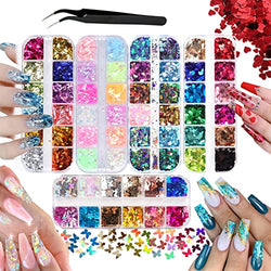 5 Boxes Nail Art Glitter Sequins, Careuoklab Irregular Colorful Mermaid Iridescent Glitter Flakes Hearts Butterfly Holographic Nail Art Decoration Sets for Craft DIY Makeup