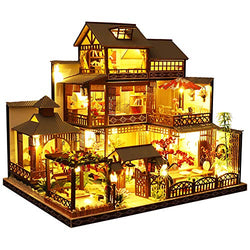 Dollhouse Miniature with Furniture, DIY Wooden Doll House Kit Japanese-Style Plus Dust Cover and Music Movement, 1:24 Scale Creative Room Idea Best Gift for Children Friend Lover P006 (Yaquan's Court)