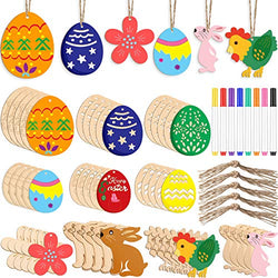 58 Pieces Easter Crafts Unfinished Wood Ornaments Set, 50 Pieces Easter Unfinished Wood Slices Hanging Embellishments and 8 Color Pens with Hemp Rope for Kids Easter Party Supplies DIY Decor