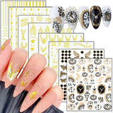 Gold Nail Art Stickers, Wave Line Chains Flame Stars Flowers Leaf Clocks Watches Nail Self-Adhesive Sticker Designs, 3D Gold Nail Transfer Decals for Women Manicure Charms Decorations Nail Art Tips
