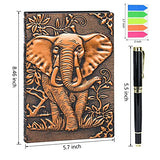 Traveler Journal with Pen and Sticky Notes Hardcover 3D Handmade Embossed Elephant Vintage Notebook Planner Sketchbook Diary A5 Lined Notepad College Ruled Notebooks Elephant Journal Gift for Women Men