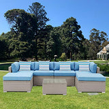 SUNBURY Outdoor Sectional 7-Piece Wicker Sofa in Pearl Gray, w 4 Stripe Pillows, Denim Blue Cushions Elegant Patio Furniture Chair and Table Set for Backyard Garden Porch
