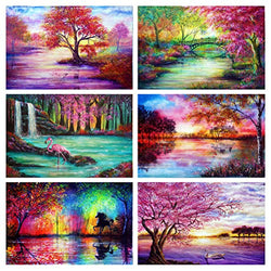 6 Pack 5D Diamond Painting Scenery Kits, DIY Full Round Drill Diamond Art Kits for Adults Teens, Diamond Dots Gem Art for Home Wall Decor , River Tree Landscape Painting 12x16 inch