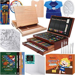 MEEDEN 217pcs Painting Set Supplies with Crayons,Colored Pencils,Acrylic,Oil,Watercolour Paints,Oil Pastels,Sketching Pads,Wood Box Art Drawing Set with Portable Tabletop Easel,Great for Kids & Adults