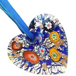 Silver Blue Millefiori Heart Lampwork Glass Murano Bead Pendant Ribbon Necklace