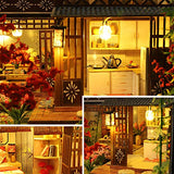 HEYANG 3D Wooden Assembled Dollhouse Kit DIY Miniature Japanese Style Courtyard Scene Building with Dust Cover and Music Creative Gift