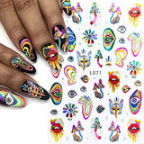 Dornail 6 Sheets Iridescent Aurora Laser Nail Stickers,3D Holographic Nail Art Stickers Colorful Eye Nail Decals Rainbow Lines Mushroom Lip Dreamcatcher Feather Design Self Adhesive Stickers for Nails