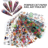 10 Sheets Halloween Nail Art Foil Transfer Stickers Nail Art Supplies Halloween Nail Foils Decals Pumpkin Spider Skull Ghost Witch Design for Acrylic Nails Decoration Manicure Transfer Nail Art DIY