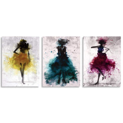 GEVES Retro Abstract Dancing Girls Canvas Painting Ballet Dancers Contemporary 3 Panels Wall Art Work for Bedroom Home Decor Stretched and Framed Ready to Hang