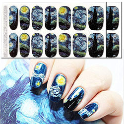 Van Gogh's Starry Night Fullnail Stickers, Full Nail Starry Sky Art Stickers 14 Decals/Sheet, Shimmery Glittery Nail Sticker (Pack of 2 Sheets and 1 Mini Grater)