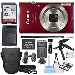 Canon PowerShot ELPH 180 Digital Camera (Red) + 32GB SDHC Memory Card + Flexible tripod + AC/DC